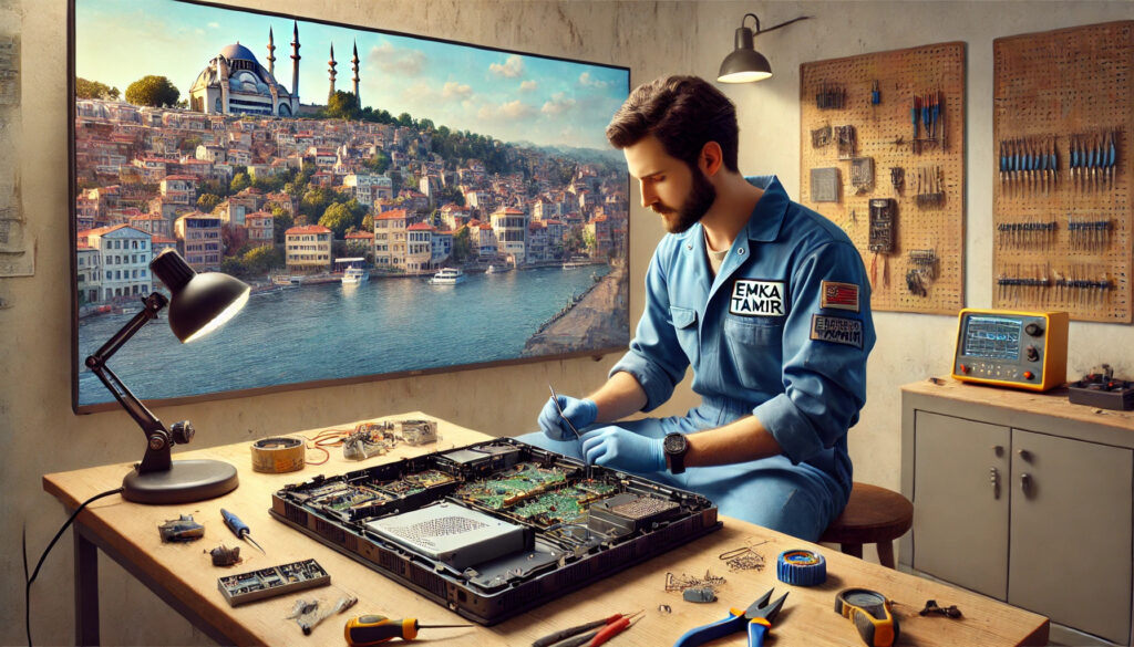 Sarıyer'deki bir tamir atölyesinde, Emka Tamir logolu tulum giymiş bir teknisyen, arka kapağı açık bir LED TV üzerinde çalışıyor. Masada tamir araçları ve LED TV'nin devre kartları görünüyor.