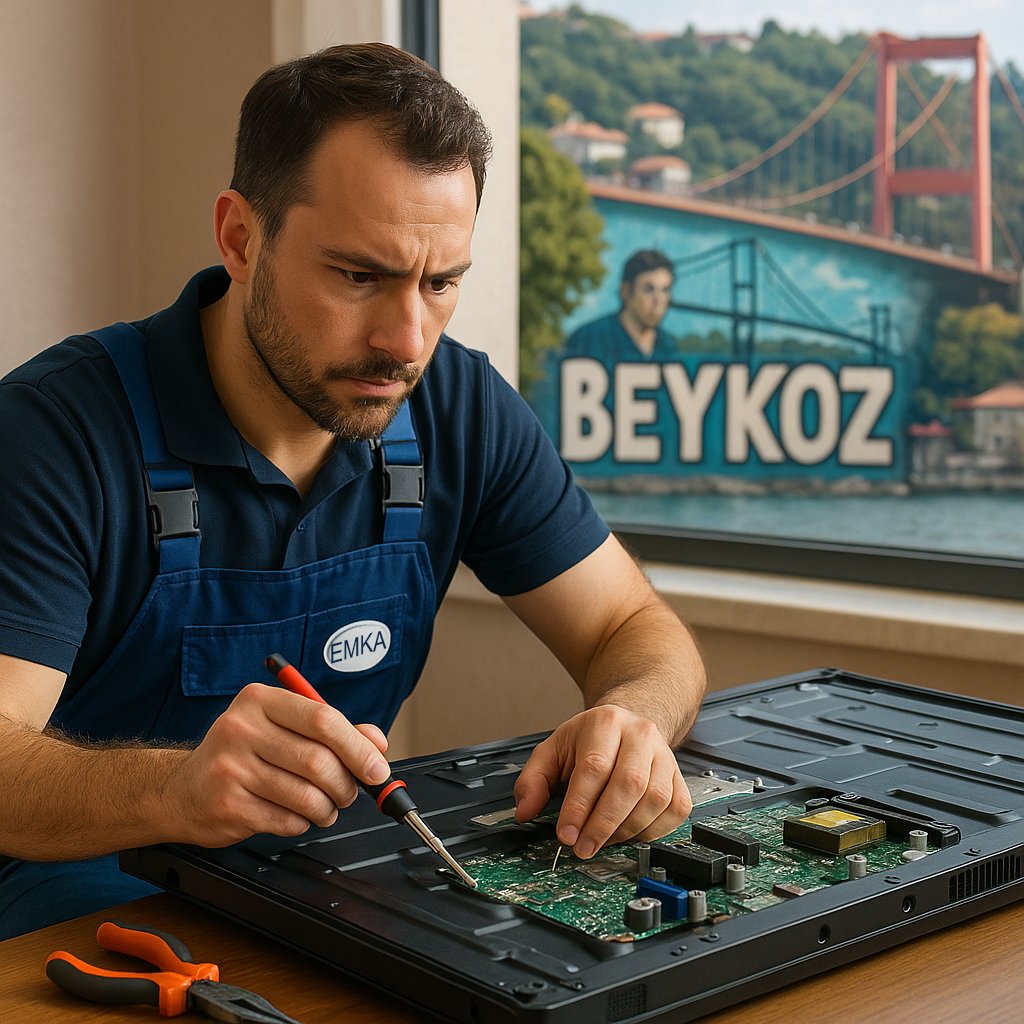 Beykoz manzaralı bir odada, mavi tulum giymiş teknisyen 60 inçlik LCD televizyonun devre kartını tamir ederken.
