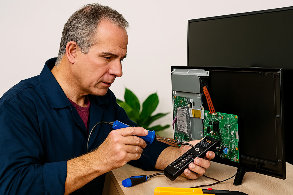 Ümraniye televizyon tamiri servisinde, televizyonun içini tamir eden teknisyen elektronik kart üzerinde lehimleme yapıyor.